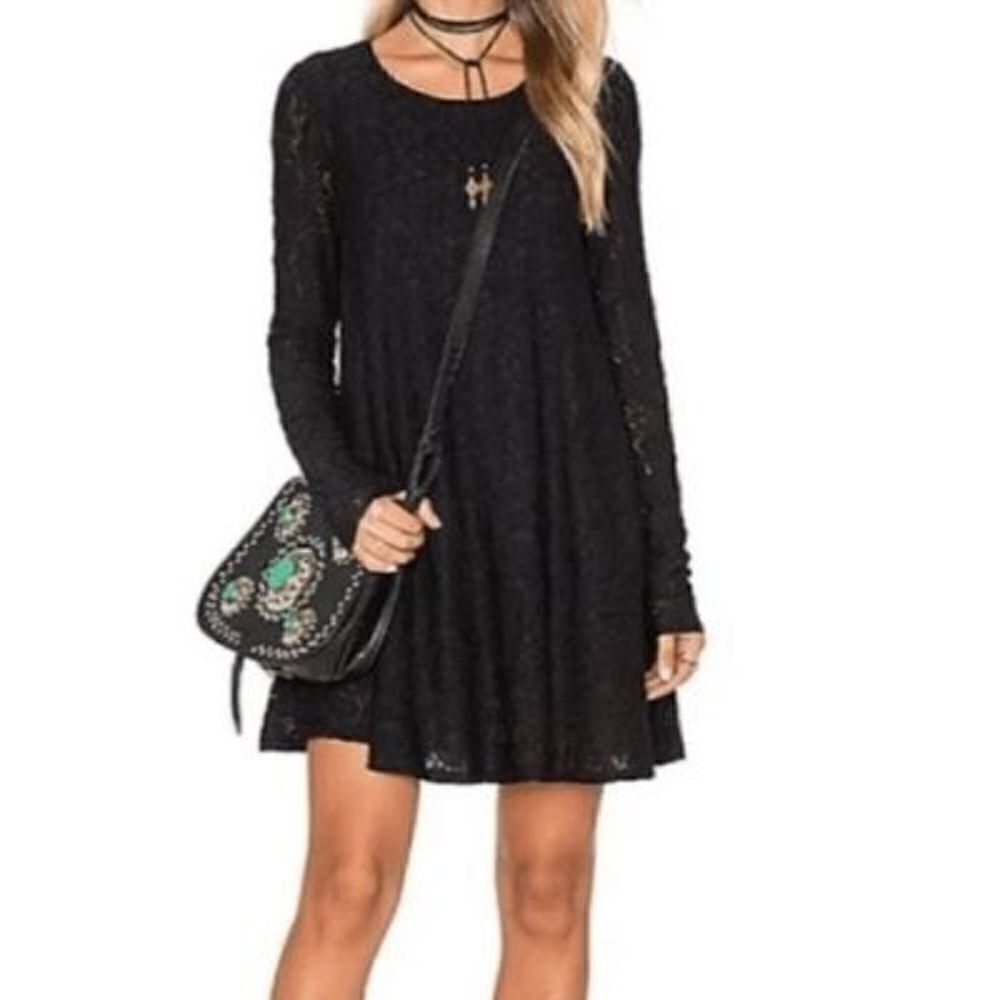 Show Me Your Mumu Lace Mini Dress Women Medium Black Excellent Long Sleeve Boho